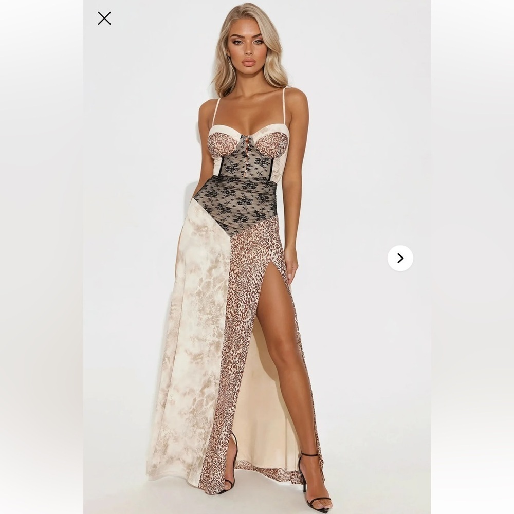 Leopard Lace Corset Maxi Dress Small | Y2K Siren Patchwork Slit Gown